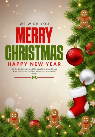 Christmas Greeting Card with Gingerbread Men, Pine Branches, Ornaments, and Red Stocking Accents