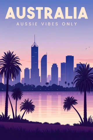 Design de pôr do sol roxo da Austrália com paisagem urbana para modelo de pôsteres de viagem retro.