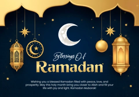 Szablon projektu błogosławieństw Ramadan z latarniami i księżycem do kartek okolicznościowych