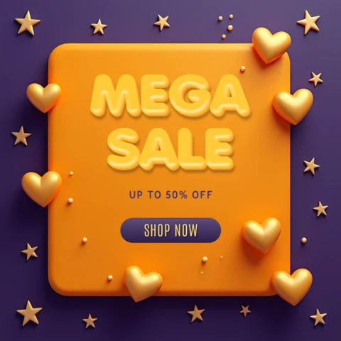 Modelo de banner de mega venda atraente com design de corações e estrelas em 3D