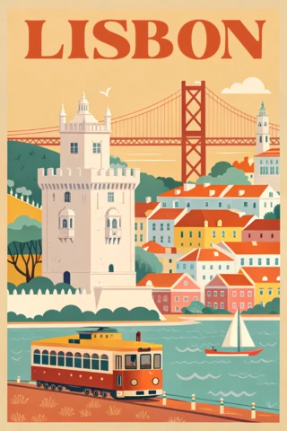 Lisbon Vintage Style Travel Poster Template Design Featuring Tram and Iconic Landmarks