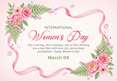 Happy Women’s Day Poster Design Template with Floral Border, Ribbon, and Inspirational Theme
