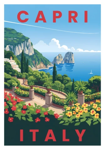 Pôster de viagem vintage de Capri, Itália, com design de paisagem cênica e elementos florais.