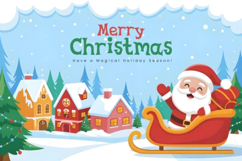 Festive Christmas Illustration Santa’s Sleigh, Snow-Covered Houses, and Pine Trees Under Starry Sky Banner Design Template