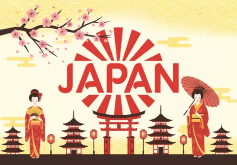 Japan Culture Poster Kimono Women, Torii Gate, Pagodas, and Cherry Blossoms in Stylized Heritage Scene