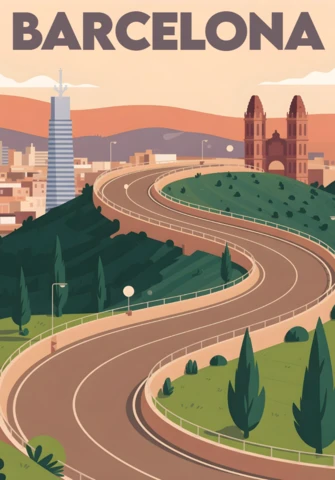 Winding Road to Cityscape with Sunset Sky Barcelona Travel Posters Design Template