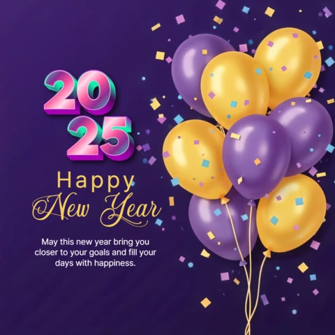 Mutlu yıllar 2025 mor balonlar tasarım şablonu
