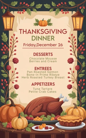 Thanksgiving Dinner Menu Template with Rustic Design and Pumpkins for Festive Events