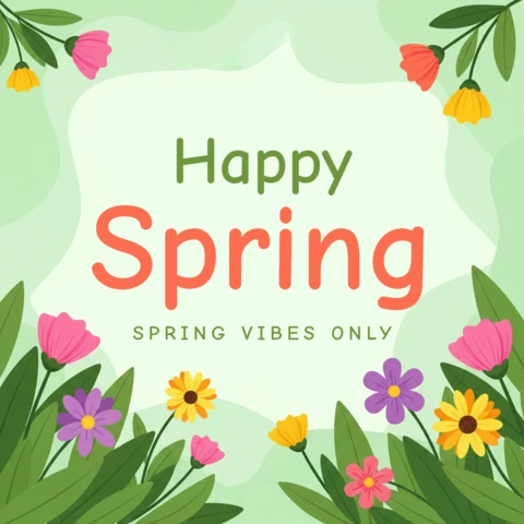 Happy Spring Seasonal Greeting Card Design Template with Decorative Flowers, Green Leaves, and Festive Pastel Style