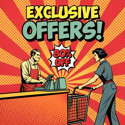 Template promocional de pop art para design de folheto de venda de ofertas exclusivas