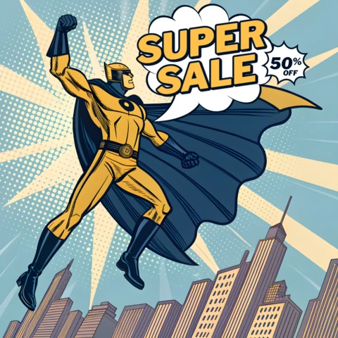 Plantilla de promoción de venta de superhéroes en estilo cómic para carteles