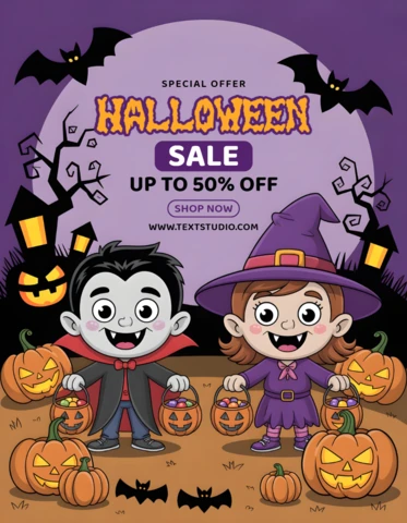 Bannière de réduction d'Halloween modèle d'offre spéciale avec des personnages festifs et un design de ciel étoilé