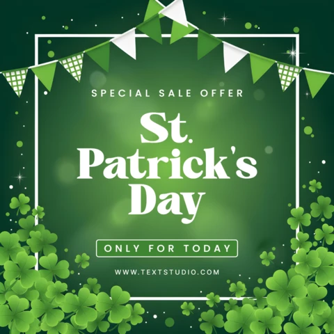 Saint Patrick’s Day Sale Poster Design Template with Shamrocks, Leprechaun Hat, and Festive Pennant Banner