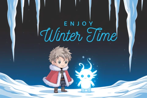 Plantilla de diseño de invierno con un personaje lindo y elemento de hielo para tarjetas de felicitación.