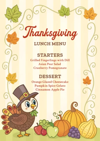 Thanksgiving Menu Design Template with Cute Turkey and Autumn Elements for Holiday Events