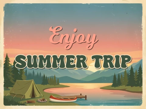Vintage Summer Camping Greeting Card with Mountain Lake, Forest and Adventure Theme