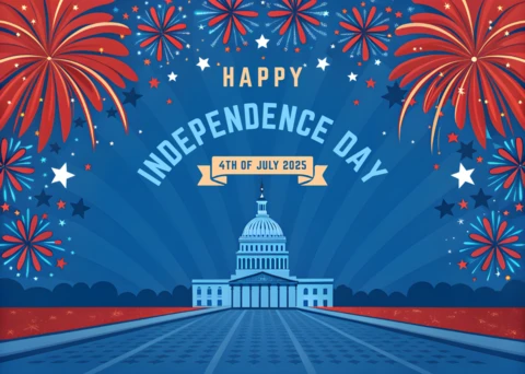 USA Independence Day Cartoonish Design Template with Fireworks and Capitol Building