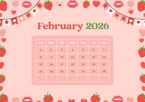 Strawberry Love Design Calendar Template for February 2026