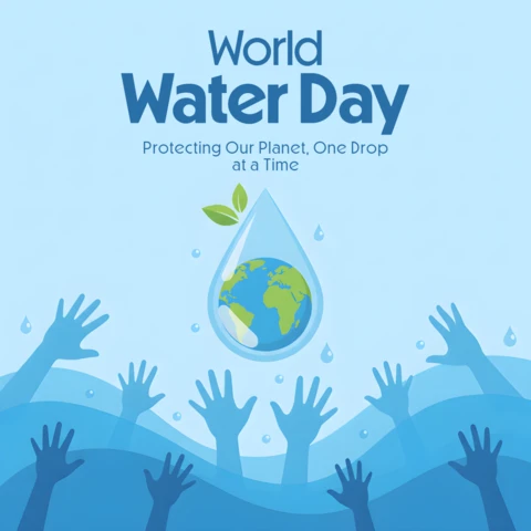 World Water Day Decorative Poster with Droplet, Leaves, and Blue Waves