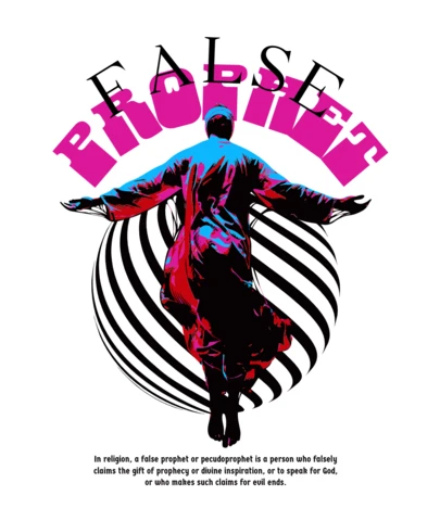 FALSE PROPHET Concept Spiral Background with Stylized Figure & Philosophical Definition T-Shirt Design Template