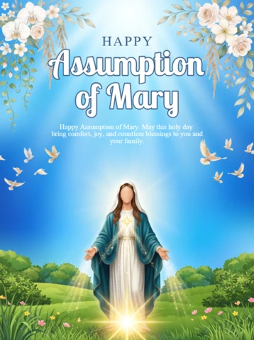 Feast of Assumption Catholic Poster Virgin Mary Halo Glow White Dress Blue Mantle Sacred Artwork Heavenly Clouds