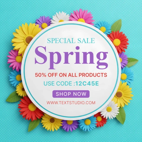 Festive Spring Sale Banner Design Template with Daisies, Polka Dot Background, and Promotional Message