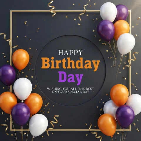 Cartaz de aniversário 2026 com fundo escuro, moldura dourada, balões, confete e tema de festa festiva