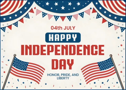 Plantilla de celebración del Día de la Independencia con diseño de banderas y pancartas americanas.