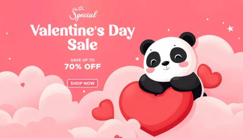 Valentine's Day Sale Design Template with Cute Panda and Heart Graphics