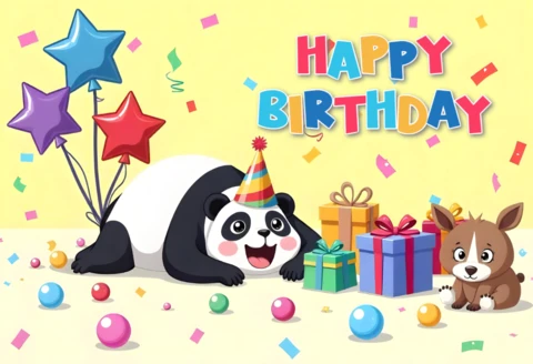Cheerful Cartoon Birthday Card Template with Panda Dog And Balloons