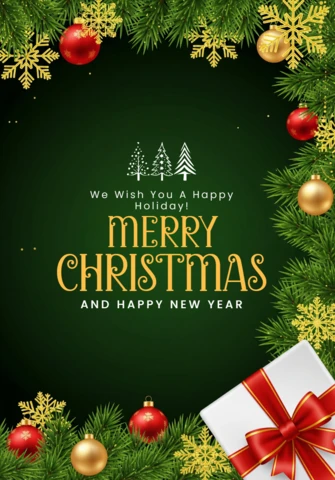 Christmas Greeting Card with Dark Green Background, Pine Branches, Golden Snowflakes, and White Gift Box