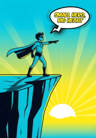 Small Hero Big Heart Cartoon Superhero with Sunglasses & Radiant Sky Poster Design Template