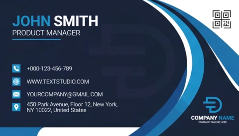 Modern Professional Blue Business Card Template Curved Layout with Contact Icons and QR Code