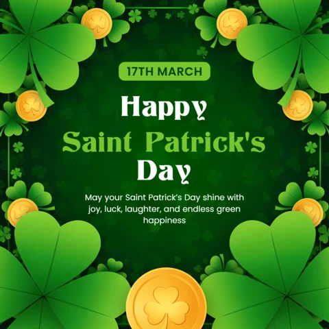 Saint Patrick's Day Celebration Template with Shamrocks and Gold Coins Design for Greeting Cards