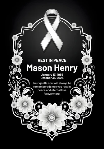 Póster conmemorativo cinta blanca de concienciación tributo con marco floral ornamentado, diseño de recuerdo en paz.