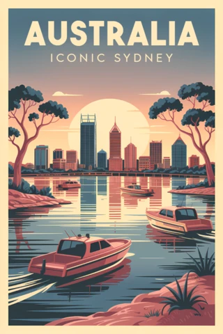 Modelo de design retrô da Austrália para pôster da paisagem urbana de Sydney