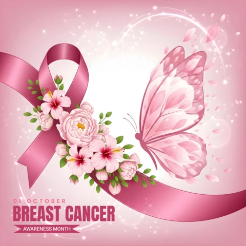 Pink Ribbon Butterfly Breast Cancer Awareness Poster October Floral for Hope & Support Banner Design Template