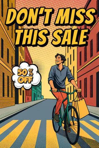 Modèle d'annonce de vente de pop art avec vélo pour des flyers promotionnels