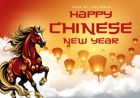 Sjabloon voor een feestelijke groetkaart met een Chinees nieuwjaar paard ontwerp