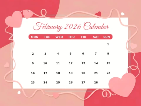 Kalender-Vorlage zum Valentinstag mit Herzdesign für die monatliche Planung