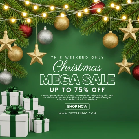 Pôster de mega venda de Natal fundo verde com guirlanda de pinheiro, caixas de presente com luzes decorativas e brilho elegante