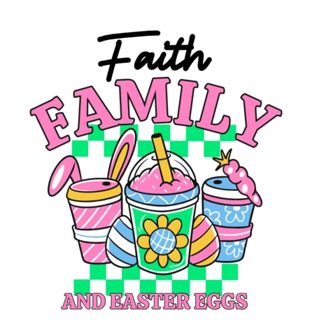 Fe, familia y huevos de Pascua, lindas tazas de conejito y plantilla de diseño de camiseta de celebración de primavera