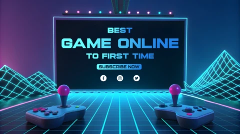 Template de design de jogo em neon 3d com botão de inscrição