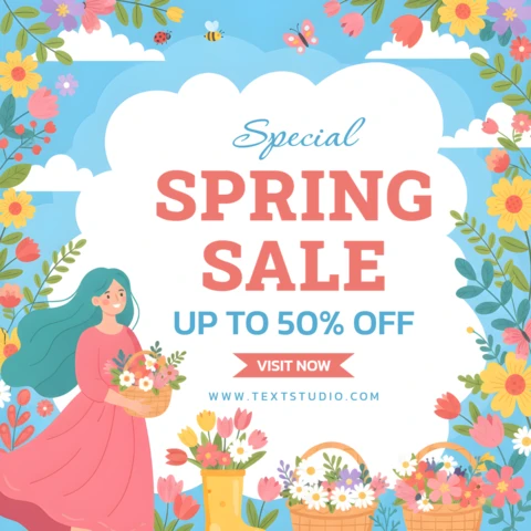 Póster de venta del festival de primavera – ilustración de flores coloridas y vestido rosa en promoción de temporada