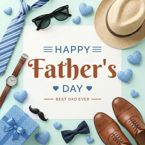 Father’s Day 2026 Artistic Flat Lay Poster with Shoes Fedora Hat Wristwatch Necktie Sunglasses Mustache Bow Tie Gift Box and Heart Decorations