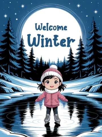 Plantilla de diseño de bienvenida invernal para tarjeta de felicitación de patinaje sobre hielo para niños