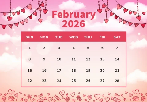 February 2026 Calendar Poster Decorative Love Layout with Pink Sky, Heart Ornaments, and Sparkle Charm