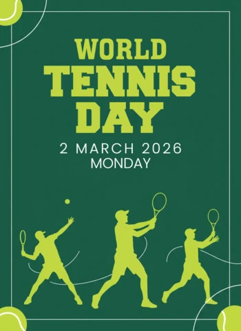 World Tennis Day Decorative Poster with Dynamic Player Silhouettes and Tennis Balls