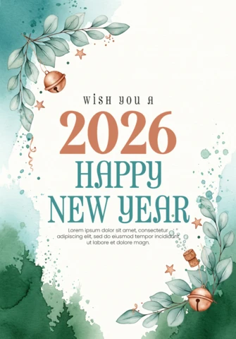 Szablon powitania nowego roku, świąteczny design 2026 z turkusowym tle akwarelowym i elementami celebracyjnymi