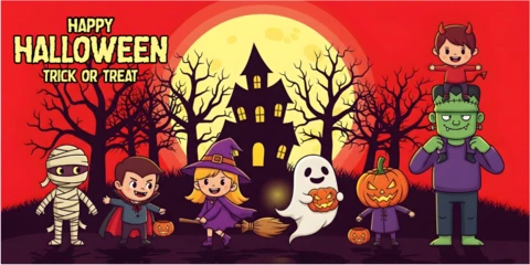 Хэллоуинская вечеринка, яркие костюмы, haunted mansion и ведра с конфетами, шаблон дизайна обложки для YouTube